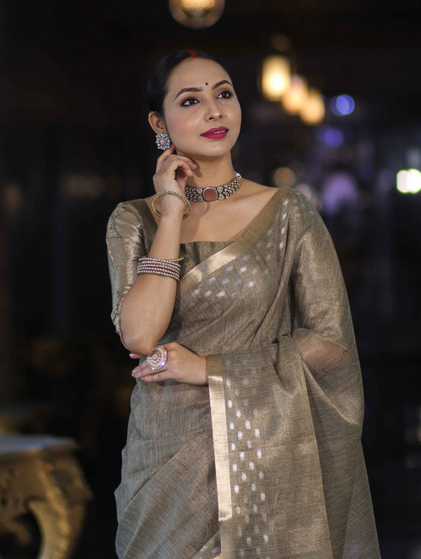 Banarasee Handwoven Tissue Saree With Zari Checks & Border-Moss Green