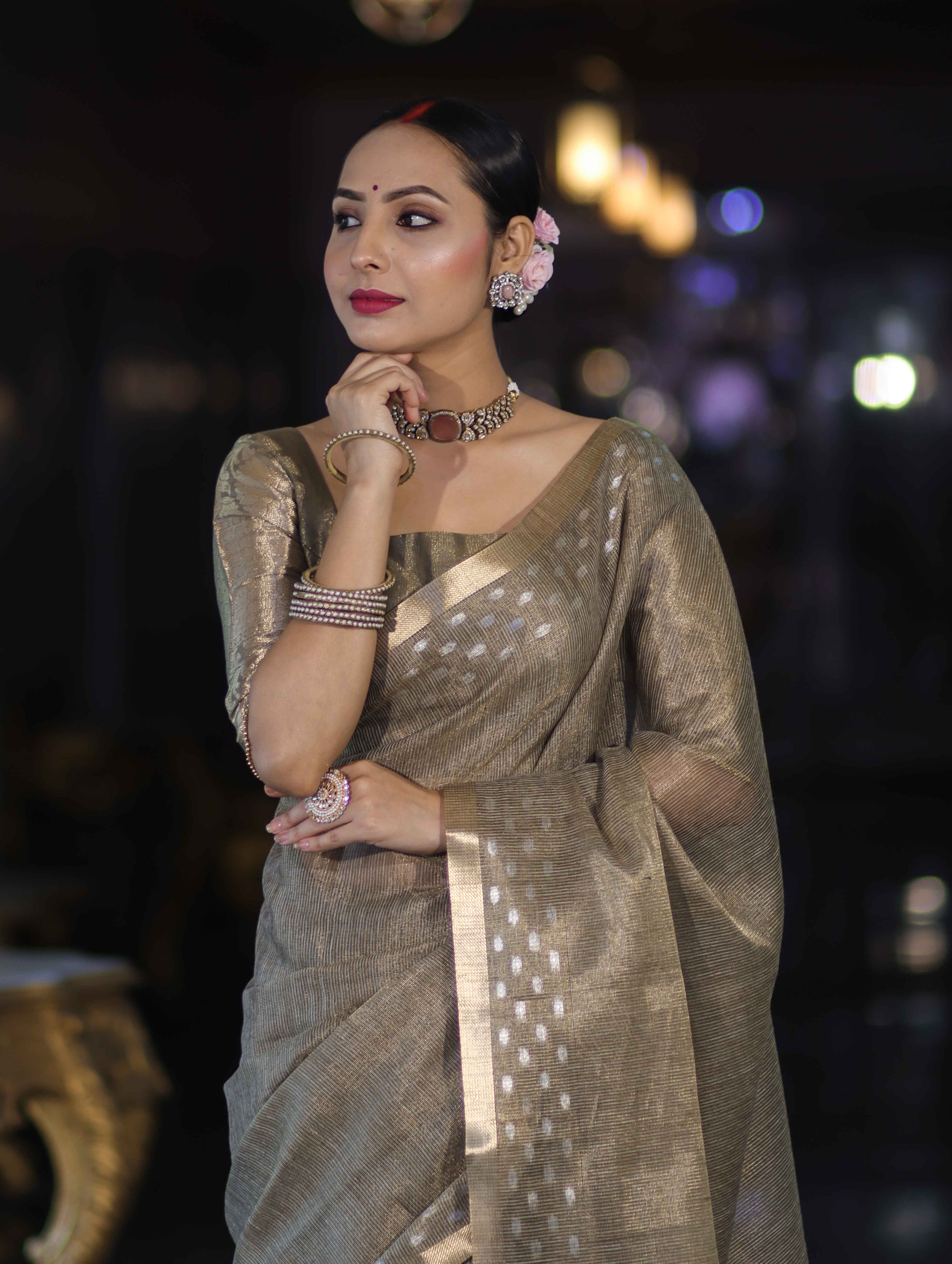 Banarasee Handwoven Tissue Saree With Zari Checks & Border-Moss Green