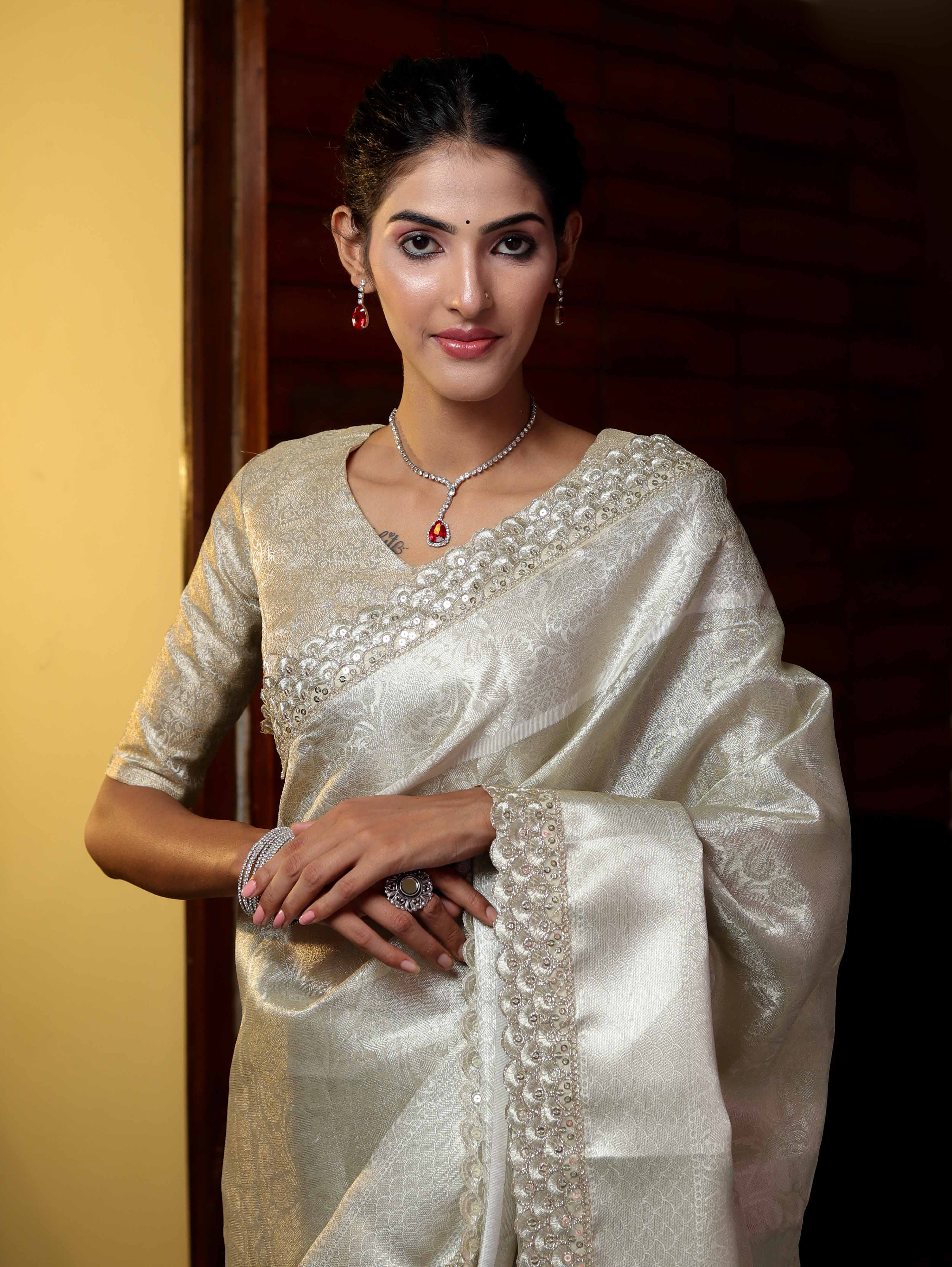 Banarasee Handwoven Tissue Saree With Zari Weaving Design & Lace-Silver