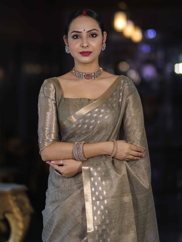 Banarasee Handwoven Tissue Saree With Zari Checks & Border-Moss Green