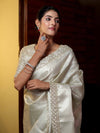Banarasee Handwoven Tissue Saree With Zari Weaving Design & Lace-Silver
