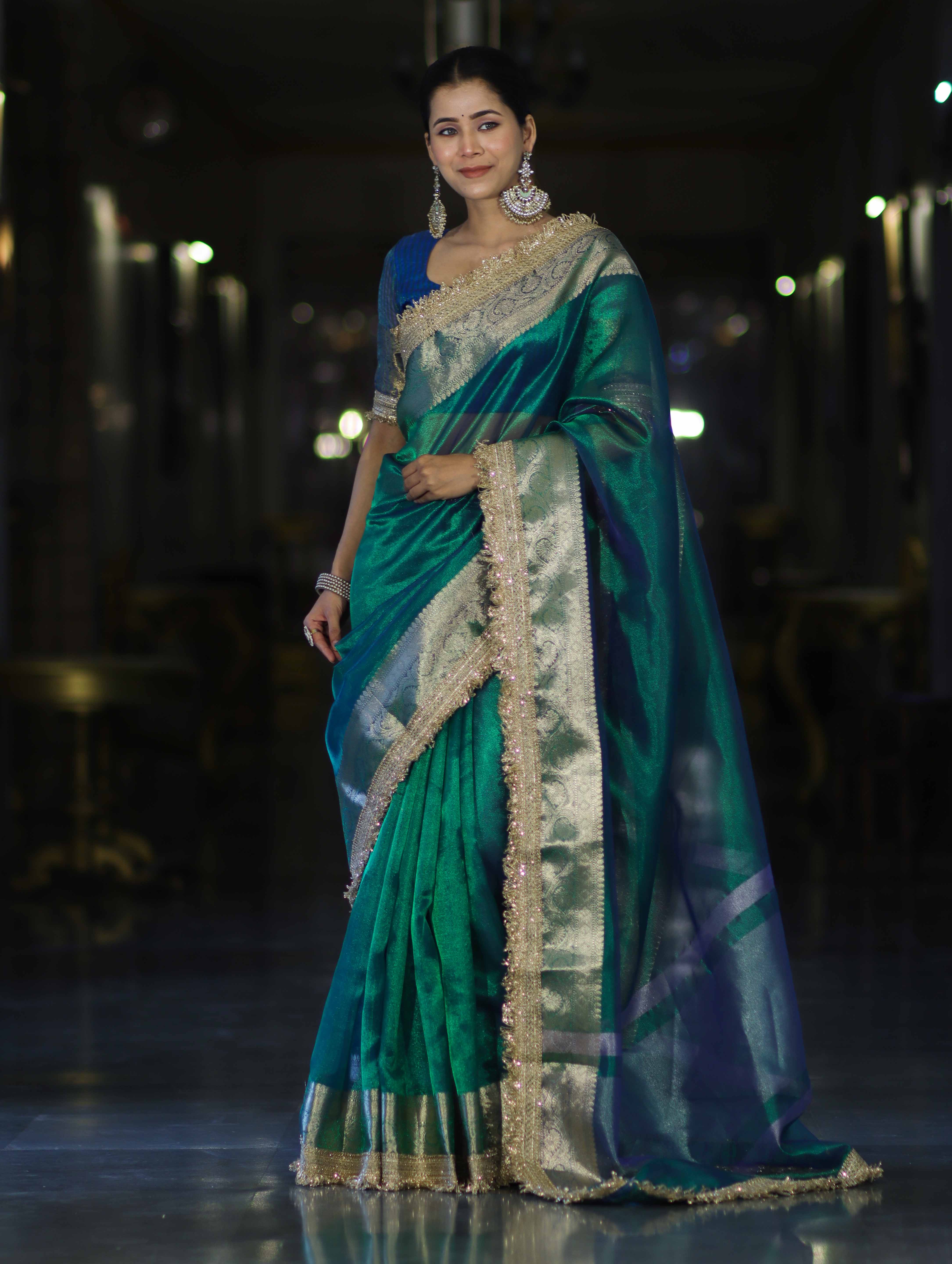 Banarasee Handloom Dual Tone Plain Tissue Saree With Zari Border & Lace-Green