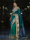 Banarasee Handloom Dual Tone Plain Tissue Saree With Zari Border & Lace-Green