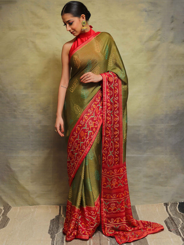 Banarasee Brasso Silk Jaal Saree With Contrast Embroidered Blouse-Green