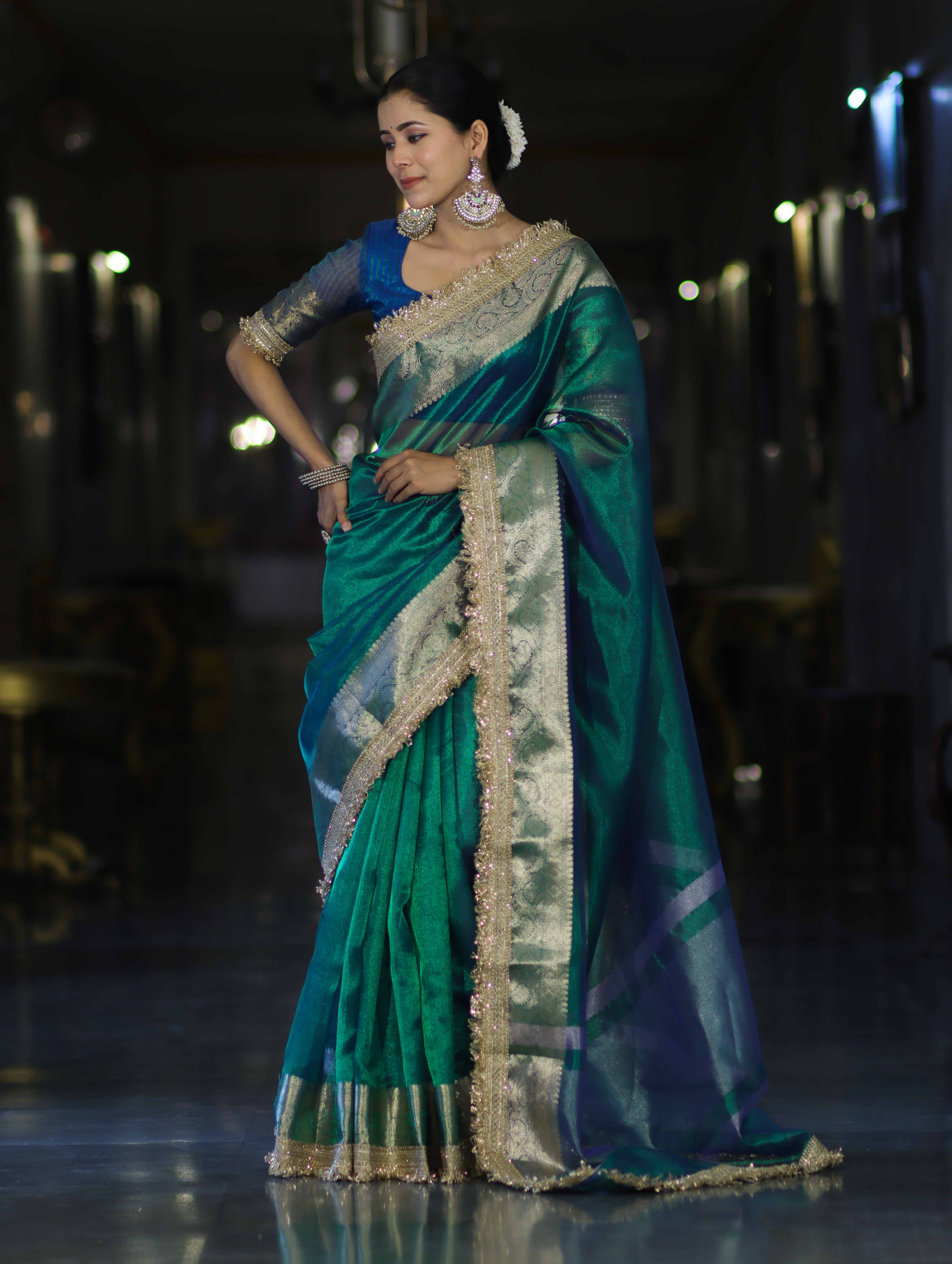 Banarasee Handloom Dual Tone Plain Tissue Saree With Zari Border & Lace-Green