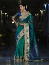 Banarasee Handloom Dual Tone Plain Tissue Saree With Zari Border & Lace-Green