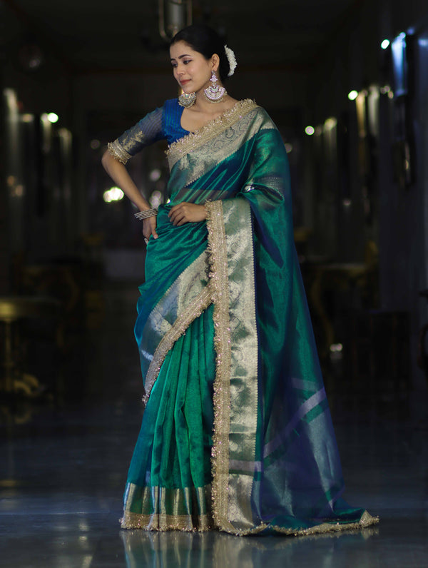 Banarasee Handloom Dual Tone Plain Tissue Saree With Zari Border & Lace-Green