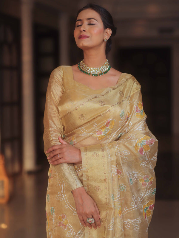 Banarasee Handwoven Tissue Saree With Embroidery & Hand Paint-Gold