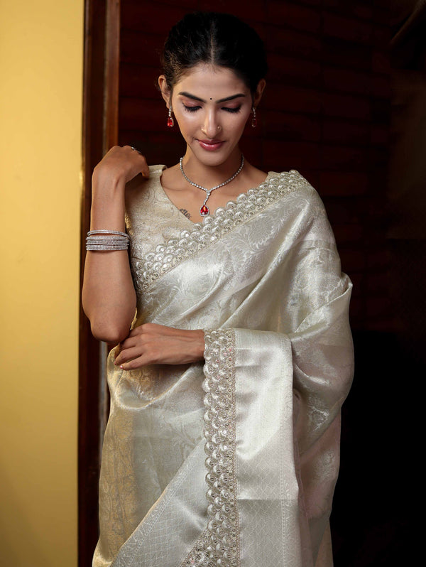 Banarasee Handwoven Tissue Saree With Zari Weaving Design & Lace-Silver