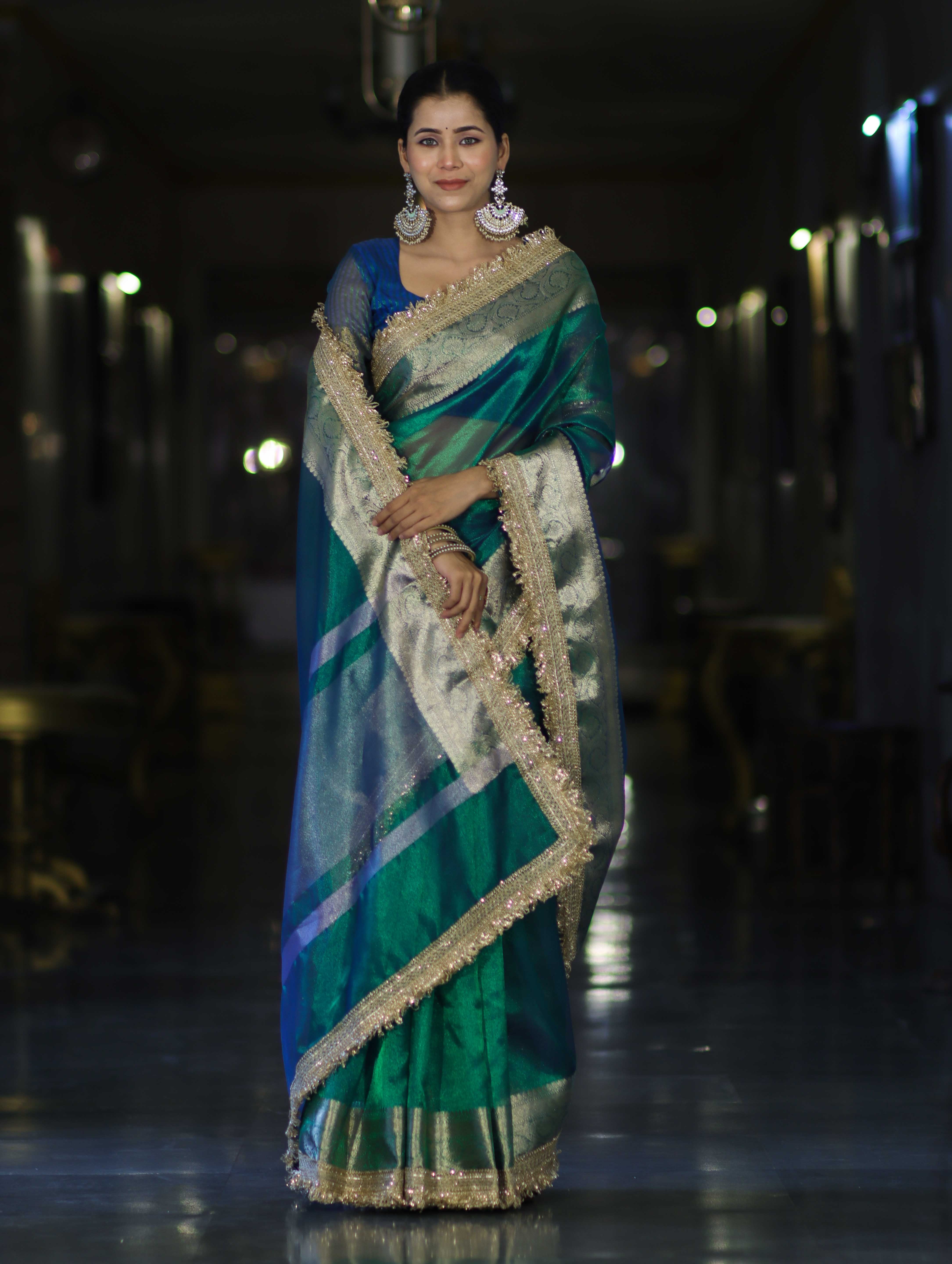 Banarasee Handloom Dual Tone Plain Tissue Saree With Zari Border & Lace-Green