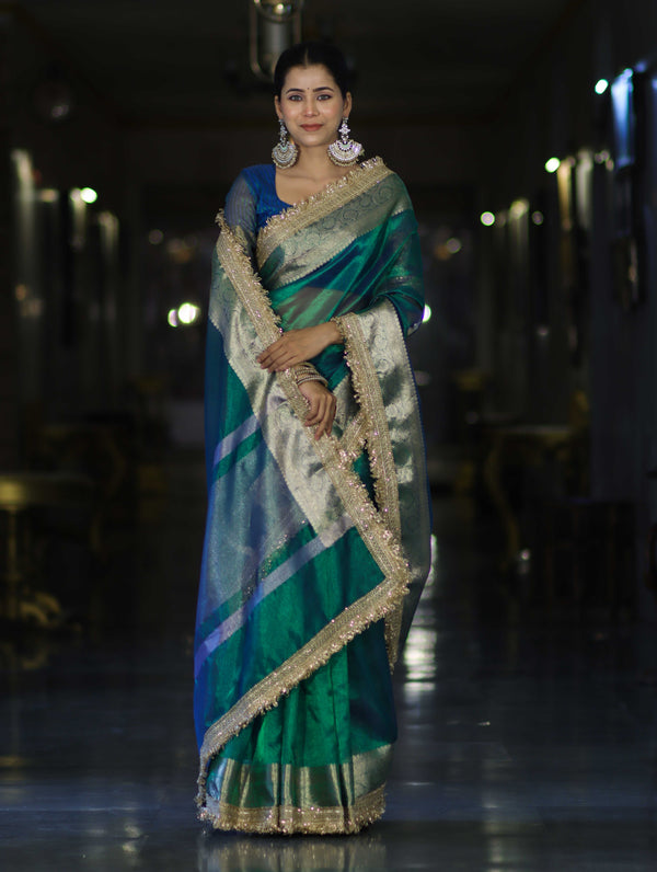 Banarasee Handloom Dual Tone Plain Tissue Saree With Zari Border & Lace-Green