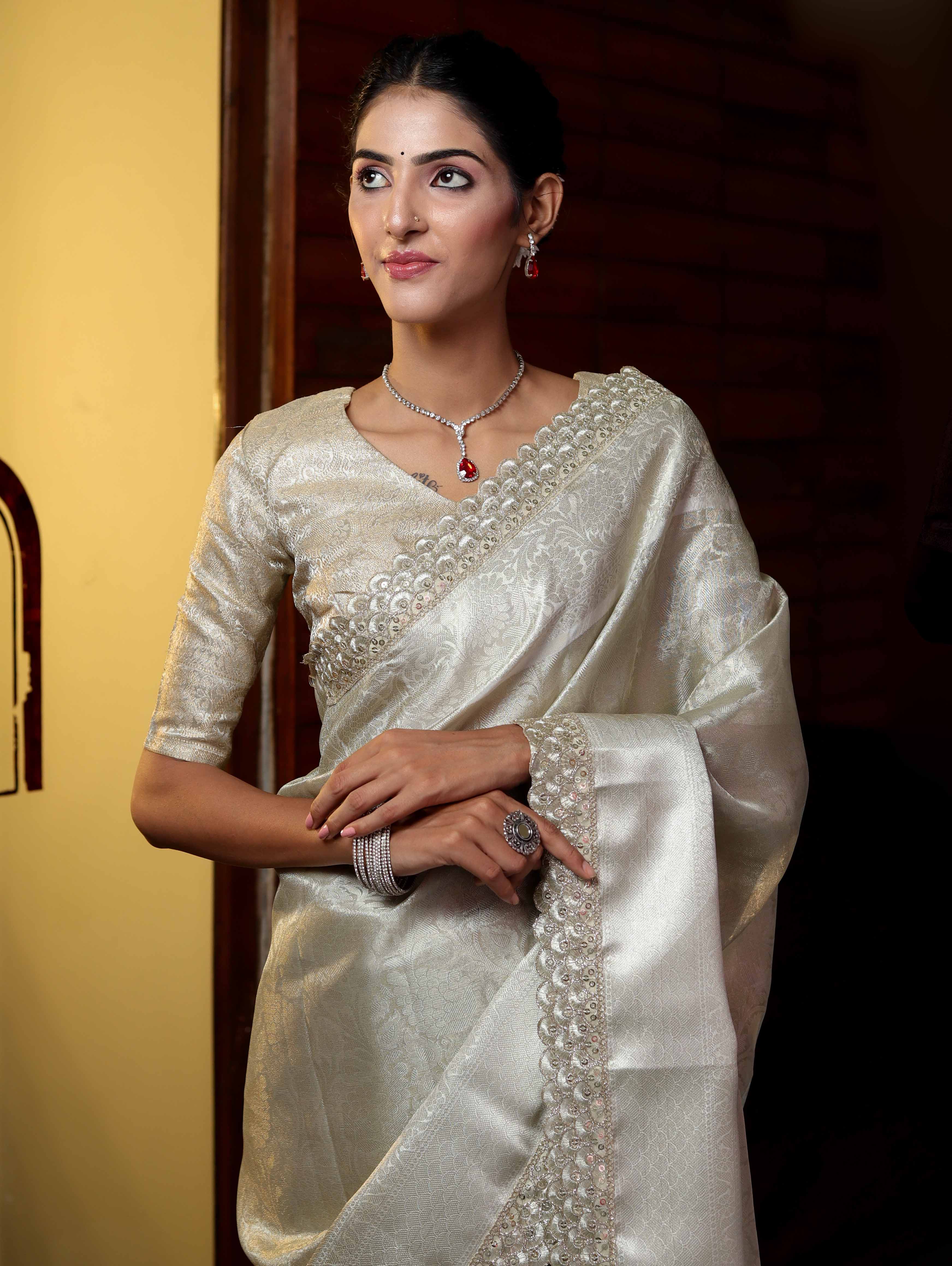 Banarasee Handwoven Tissue Saree With Zari Weaving Design & Lace-Silver