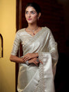 Banarasee Handwoven Tissue Saree With Zari Weaving Design & Lace-Silver