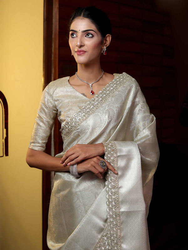 Banarasee Handwoven Tissue Saree With Zari Weaving Design & Lace-Silver