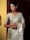 Banarasee Handwoven Tissue Saree With Zari Weaving Design & Lace-Silver