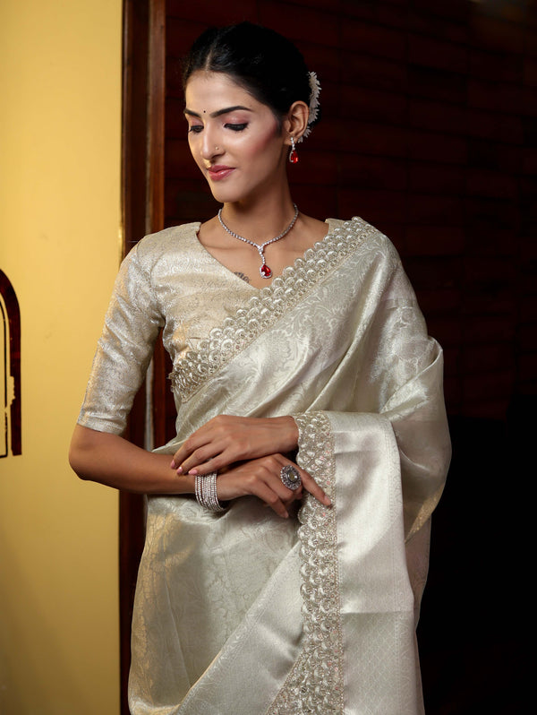 Banarasee Handwoven Tissue Saree With Zari Weaving Design & Lace-Silver