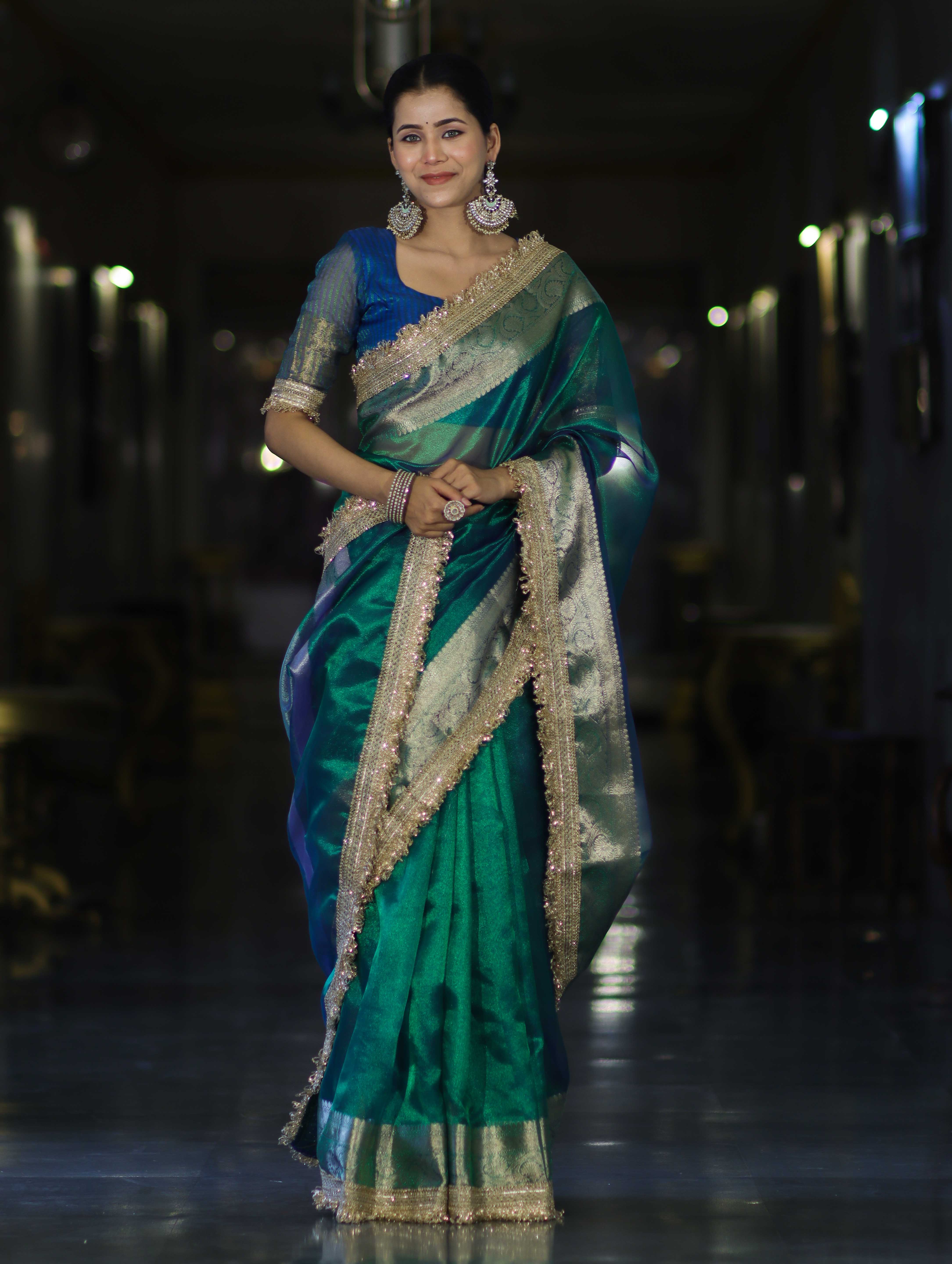 Banarasee Handloom Dual Tone Plain Tissue Saree With Zari Border & Lace-Green