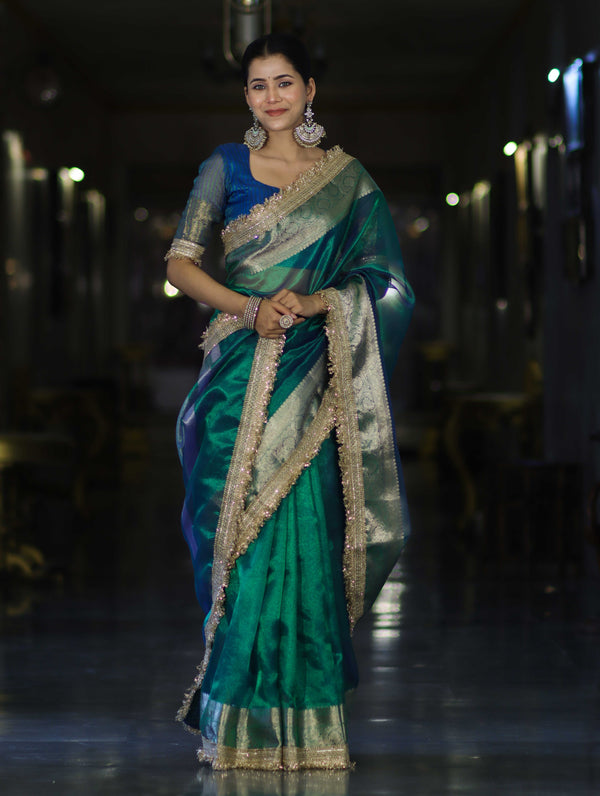 Banarasee Handloom Dual Tone Plain Tissue Saree With Zari Border & Lace-Green