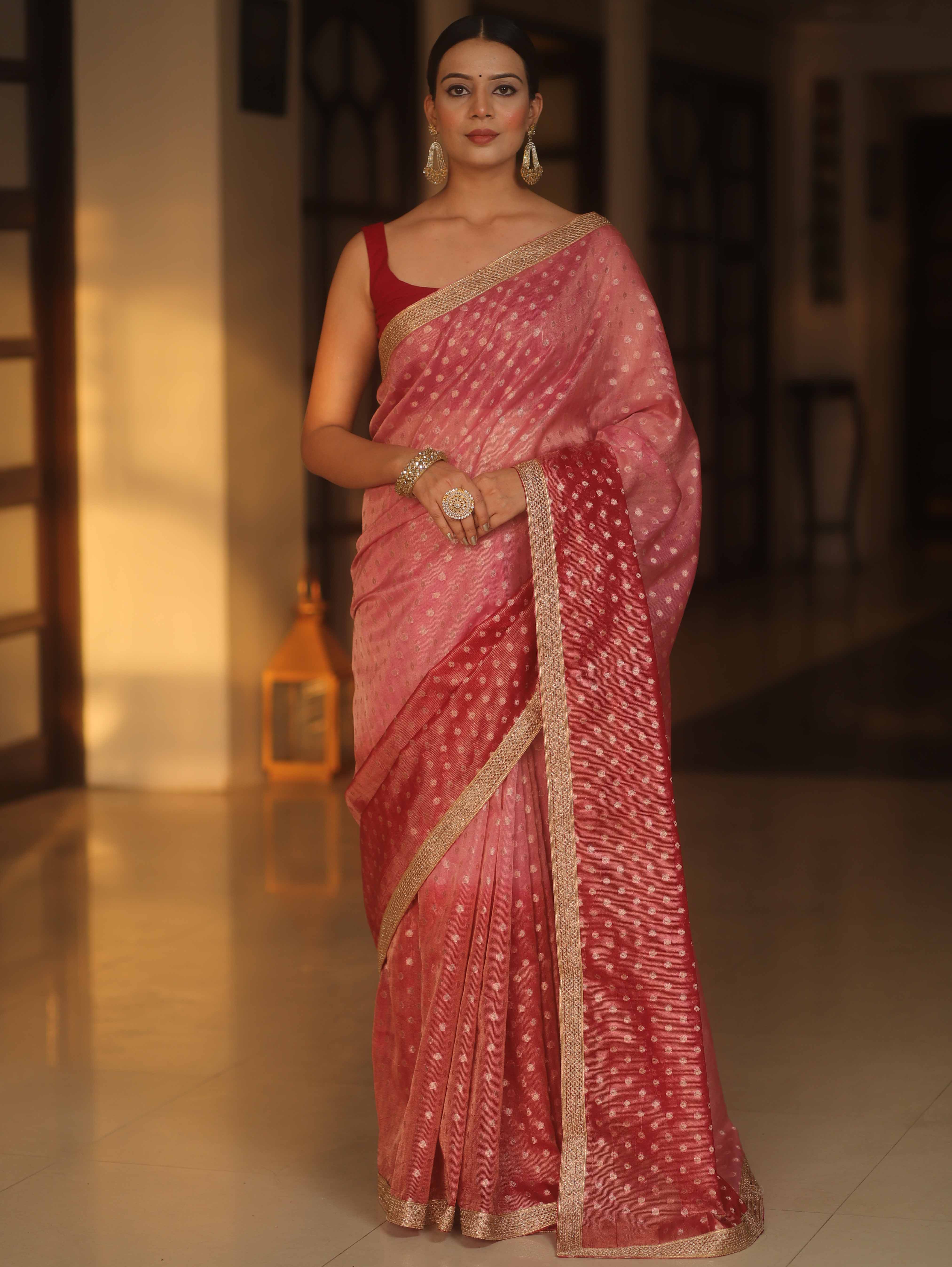 Banarasee Handwoven Tissue Dual Color Saree With Zari Buta & Lace-Pink & Maroon