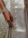Banarasee Handwoven Tissue Saree With Zari Weaving Design & Lace-Silver