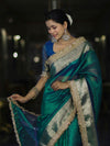 Banarasee Handloom Dual Tone Plain Tissue Saree With Zari Border & Lace-Green