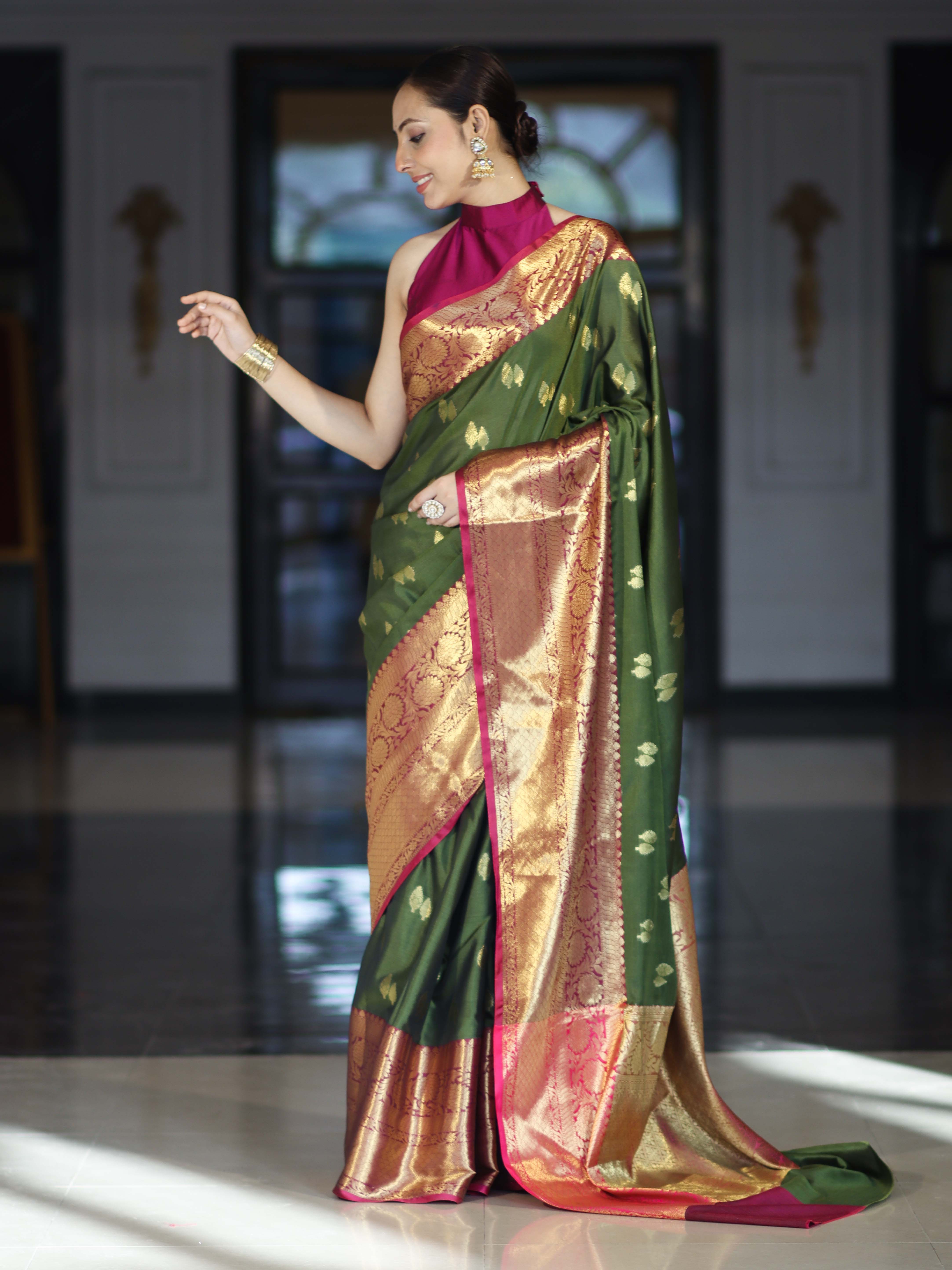 Banarasee Handloom Semi Silk Saree With Zari Buta Design & Contrast Broad Border-Green & Magenta