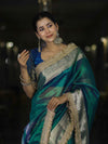 Banarasee Handloom Dual Tone Plain Tissue Saree With Zari Border & Lace-Green