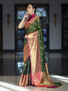 Banarasee Handloom Semi Silk Saree With Zari Buta Design & Contrast Broad Border-Green & Magenta