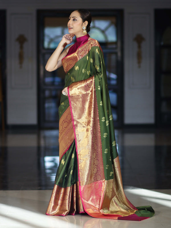 Banarasee Handloom Semi Silk Saree With Zari Buta Design & Contrast Broad Border-Green & Magenta