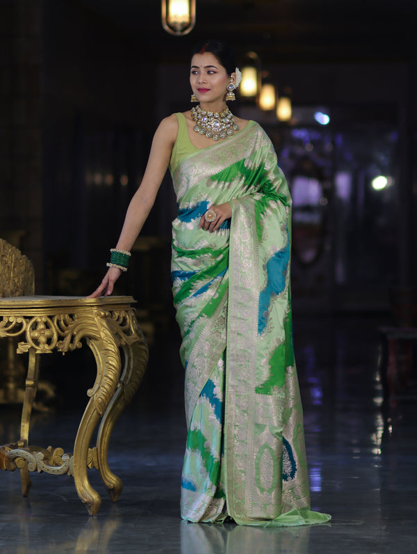Banarasee Handloom Mashru Silk Saree With Zari Work & Floral Border-Green