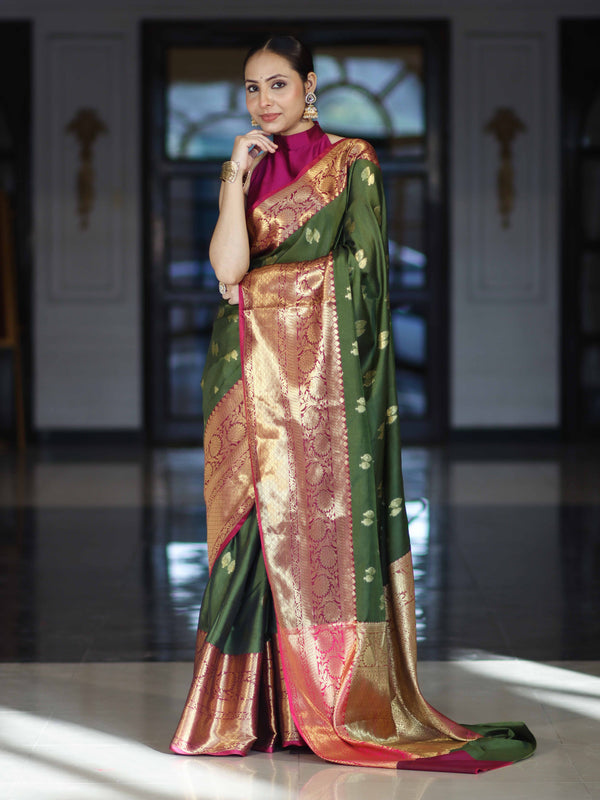 Banarasee Handloom Semi Silk Saree With Zari Buta Design & Contrast Broad Border-Green & Magenta