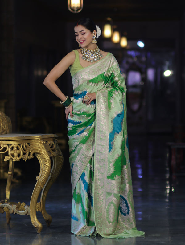 Banarasee Handloom Mashru Silk Saree With Zari Work & Floral Border-Green