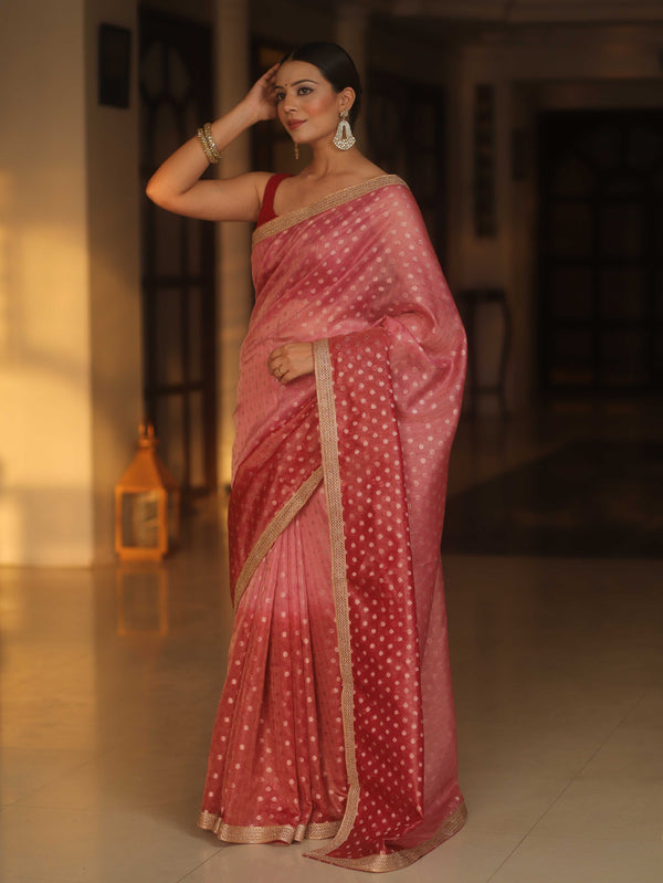 Banarasee Handwoven Tissue Dual Color Saree With Zari Buta & Lace-Pink & Maroon