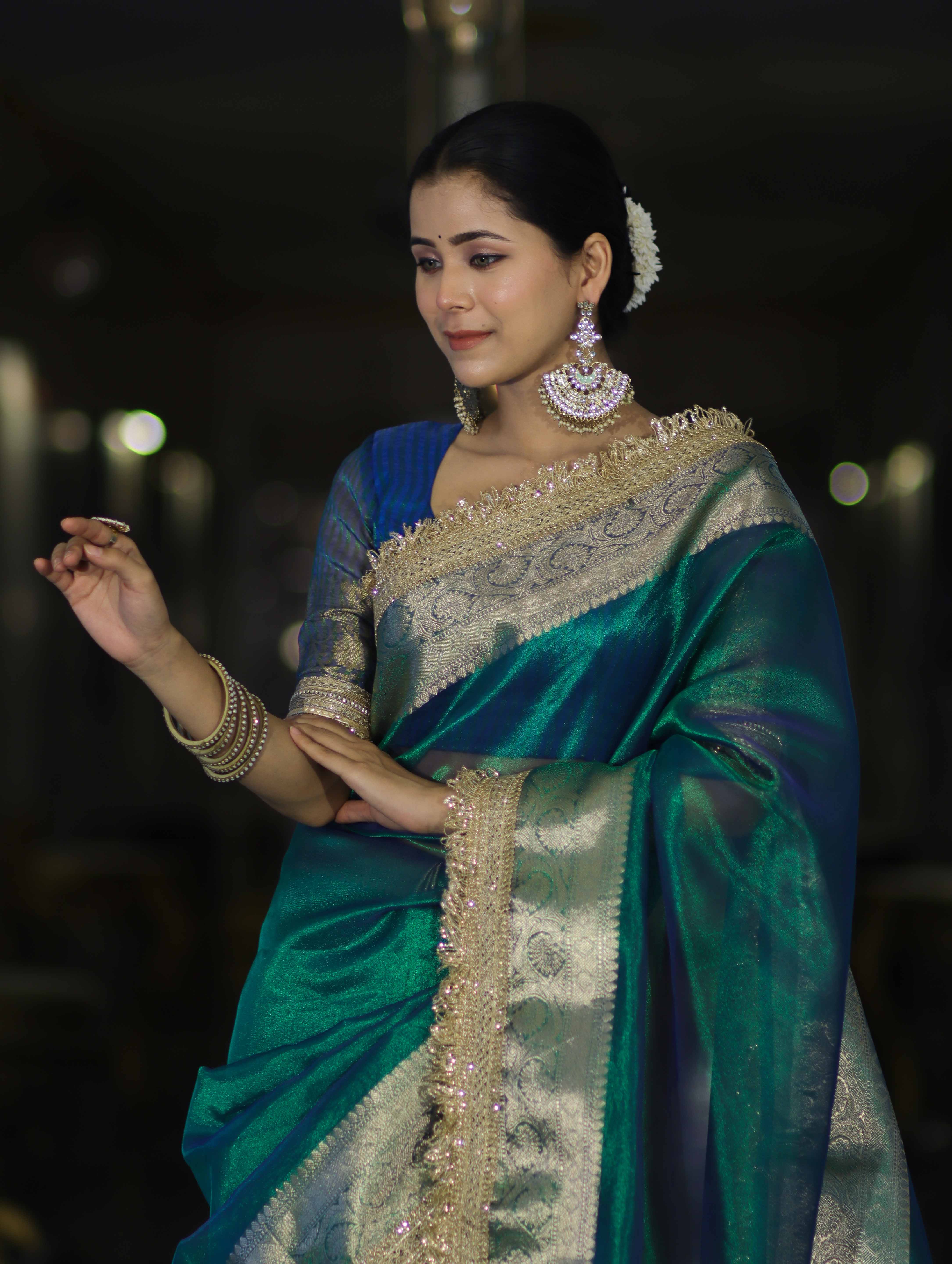 Banarasee Handloom Dual Tone Plain Tissue Saree With Zari Border & Lace-Green