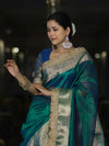Banarasee Handloom Dual Tone Plain Tissue Saree With Zari Border & Lace-Green