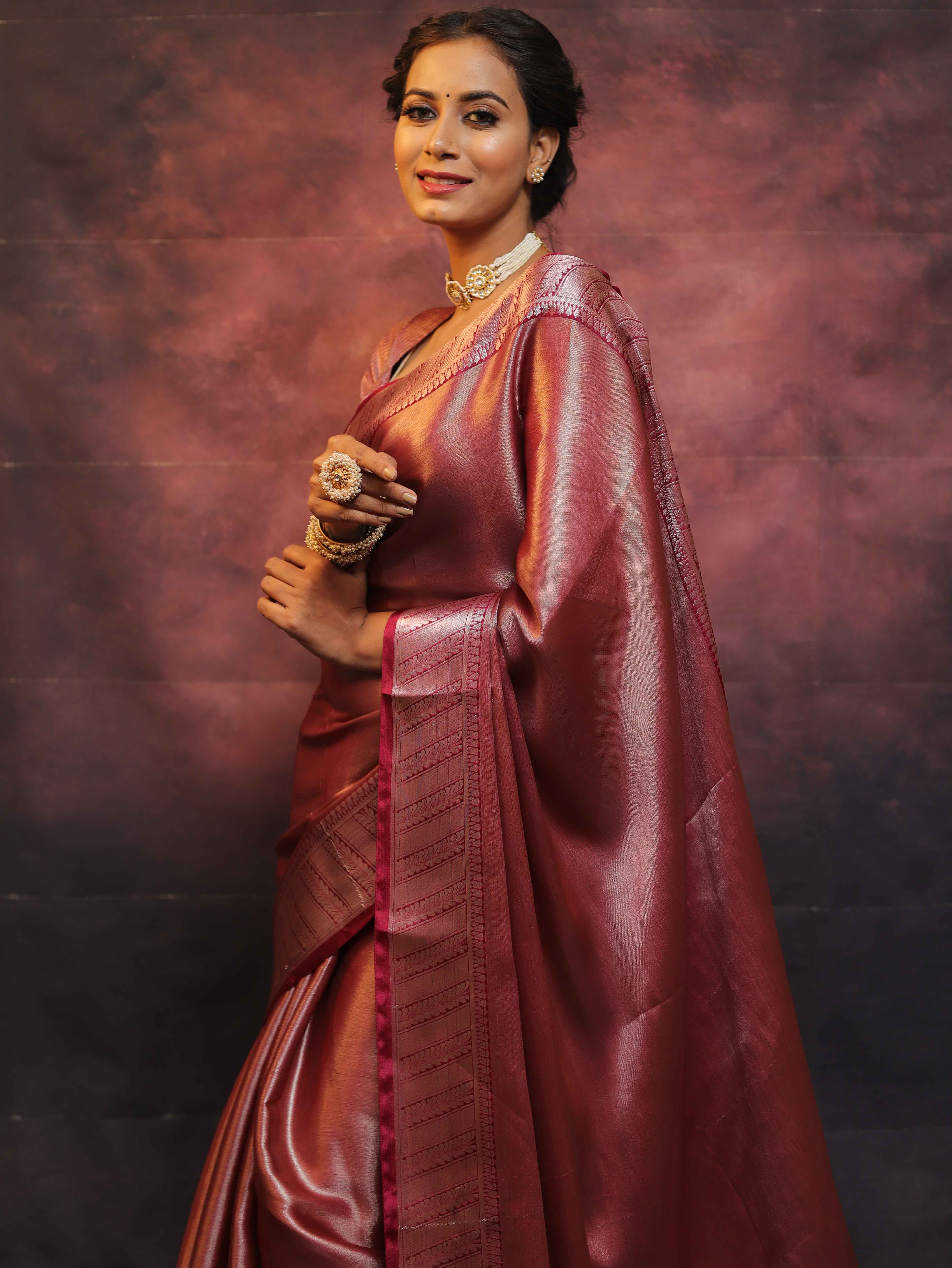 Banarasee Handwoven Tissue Silver Zari Saree-Wine