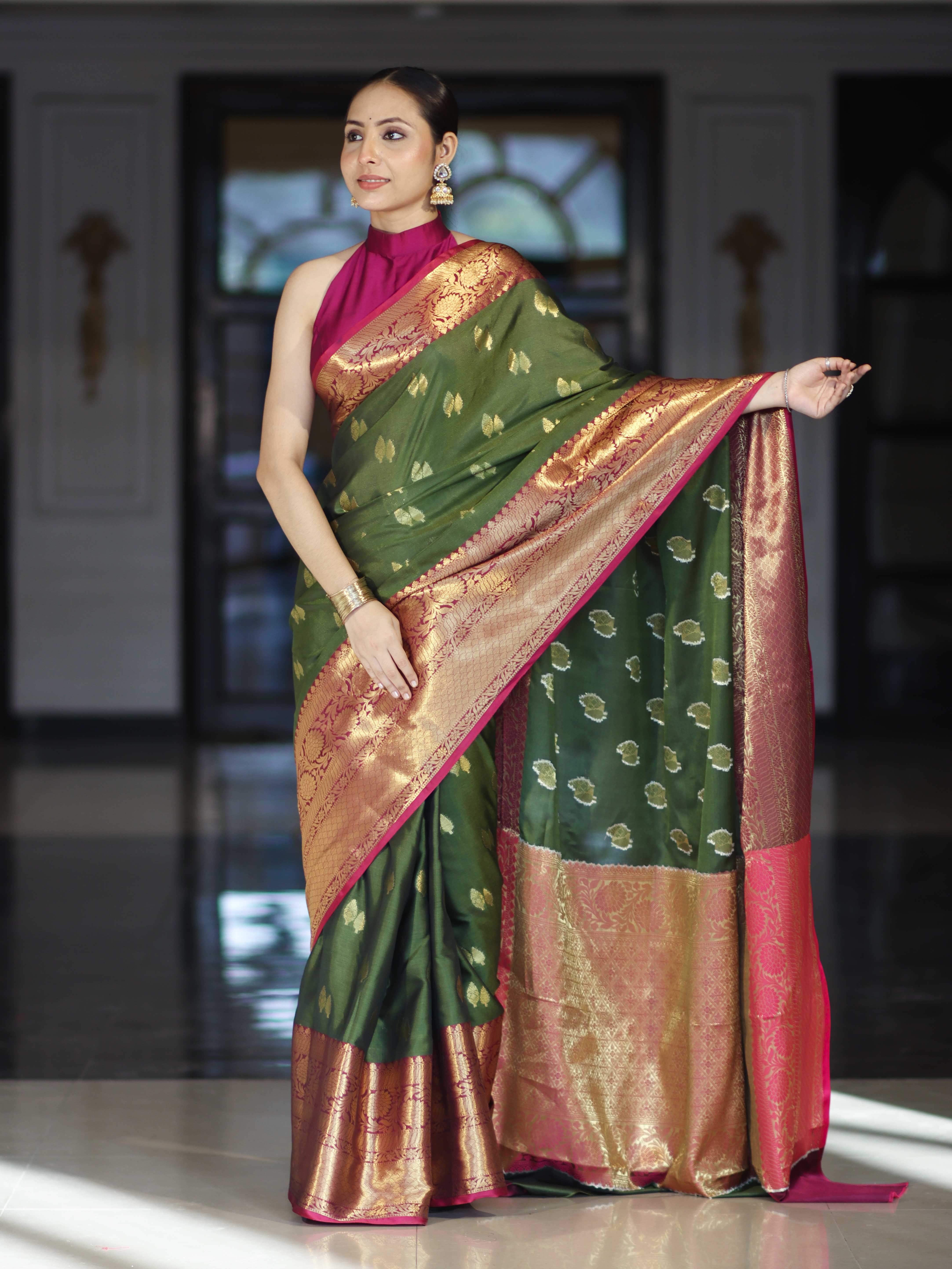Banarasee Handloom Semi Silk Saree With Zari Buta Design & Contrast Broad Border-Green & Magenta