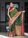 Banarasee Handloom Semi Silk Saree With Zari Buta Design & Contrast Broad Border-Green & Magenta