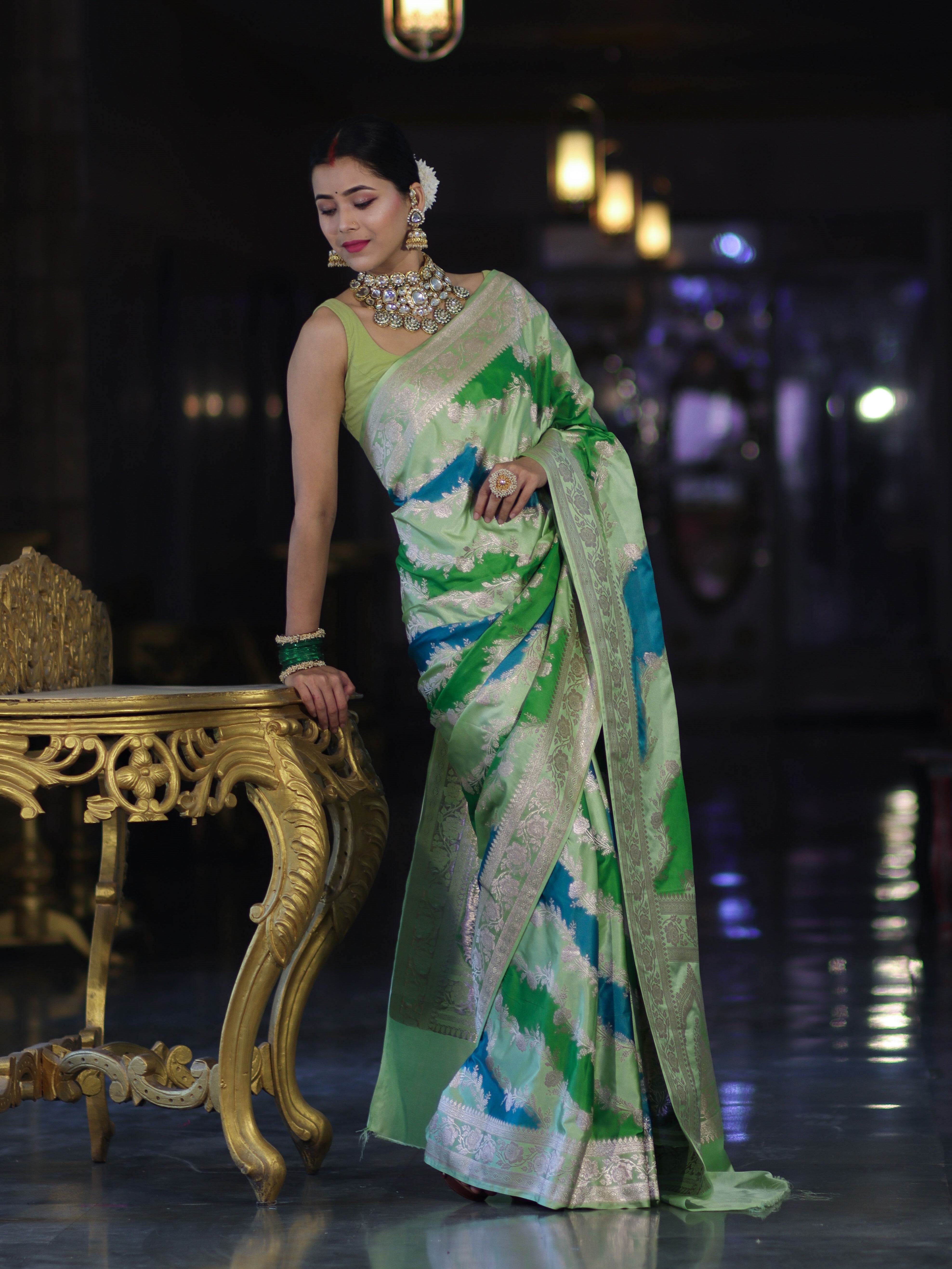 Banarasee Handloom Mashru Silk Saree With Zari Work & Floral Border-Green