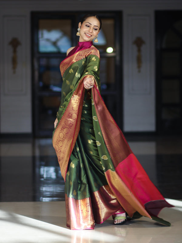Banarasee Handloom Semi Silk Saree With Zari Buta Design & Contrast Broad Border-Green & Magenta