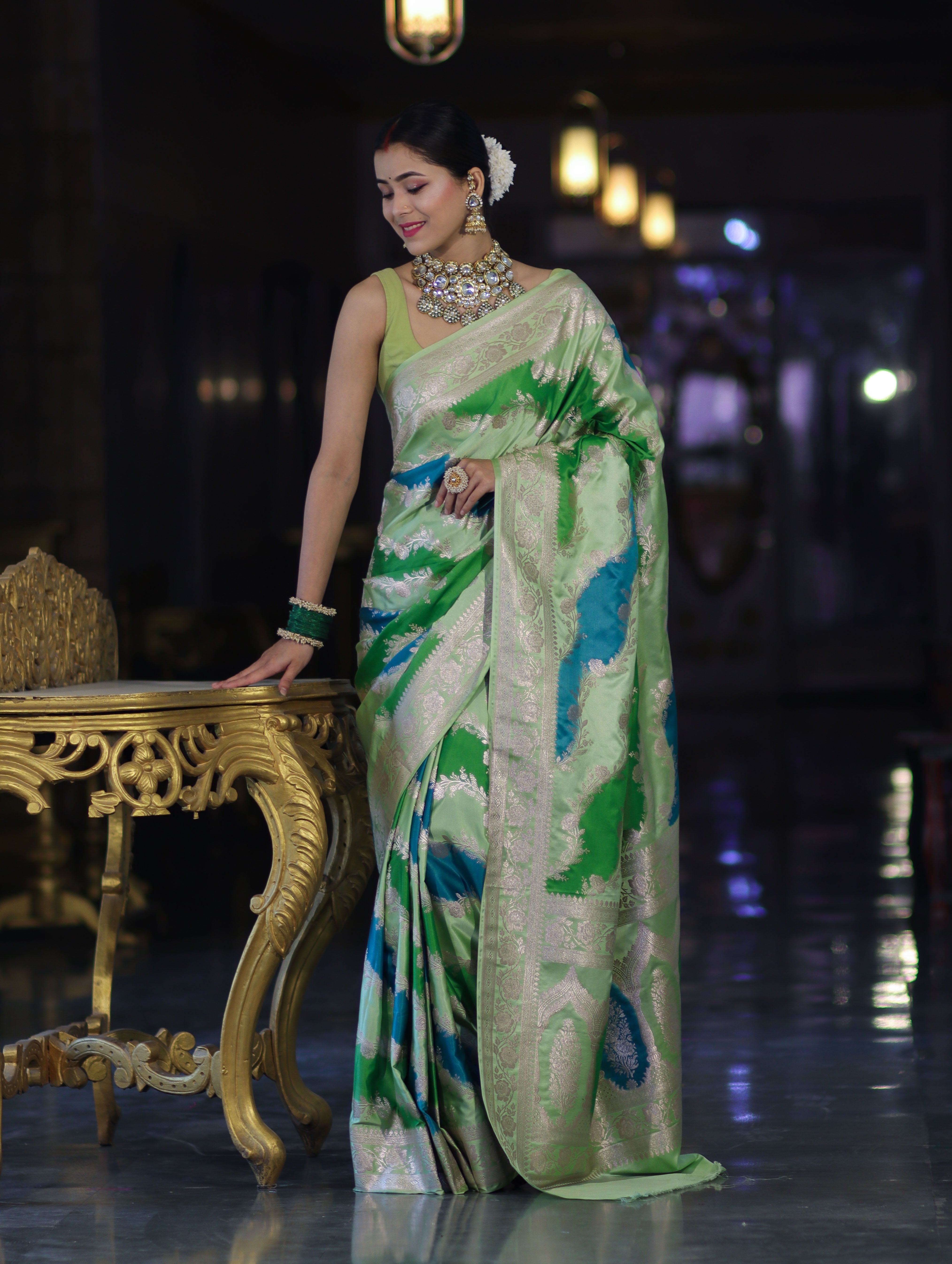 Banarasee Handloom Mashru Silk Saree With Zari Work & Floral Border-Green