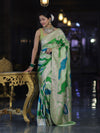 Banarasee Handloom Mashru Silk Saree With Zari Work & Floral Border-Green