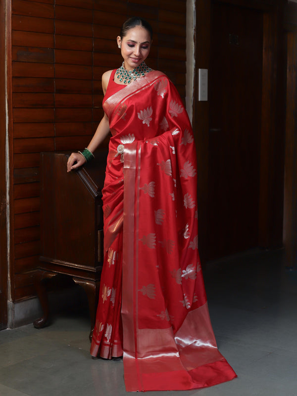 Banarasee Handwoven Semi Silk Saree With Zari Buta Design-Red