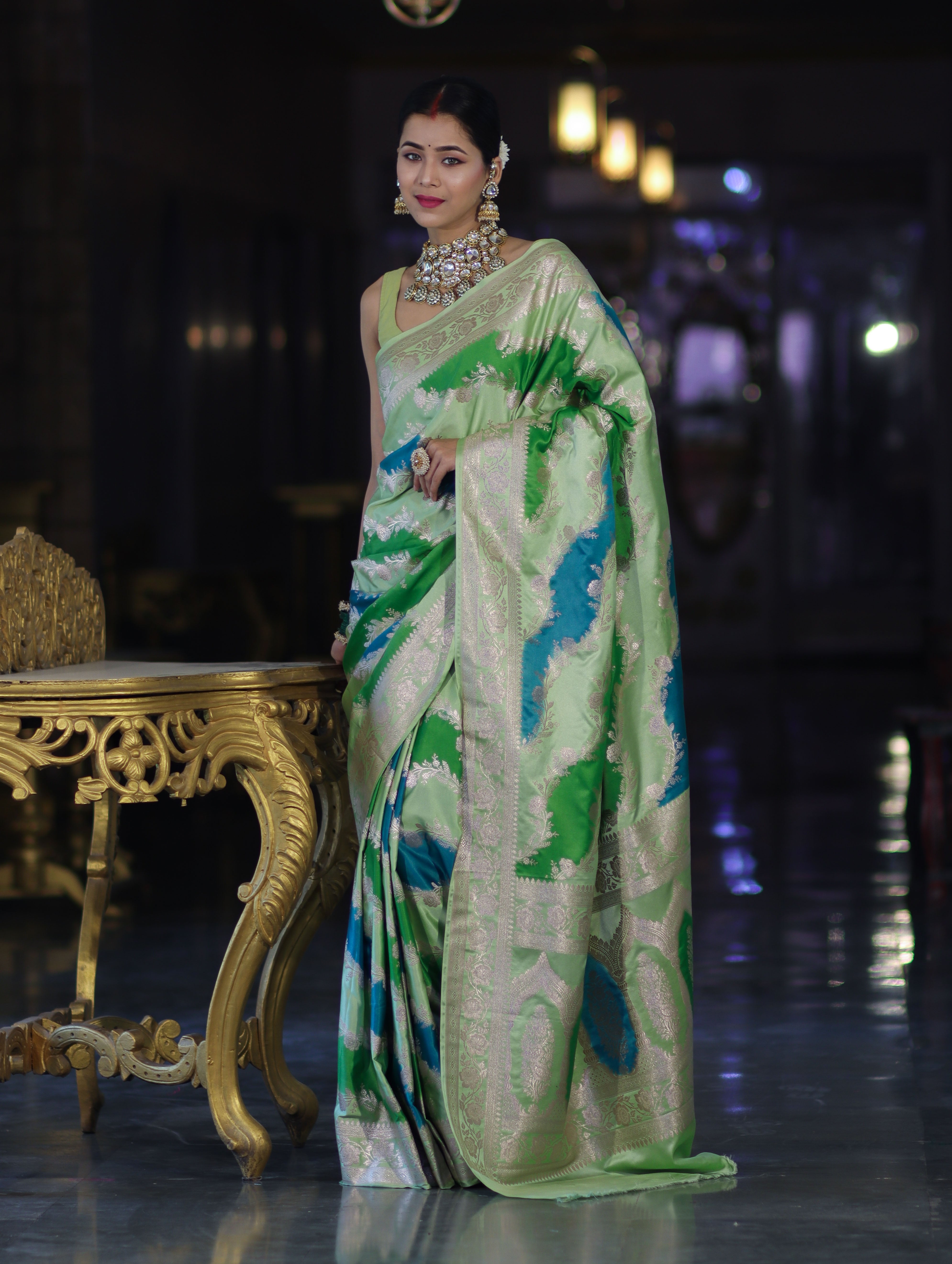 Banarasee Handloom Mashru Silk Saree With Zari Work & Floral Border-Green