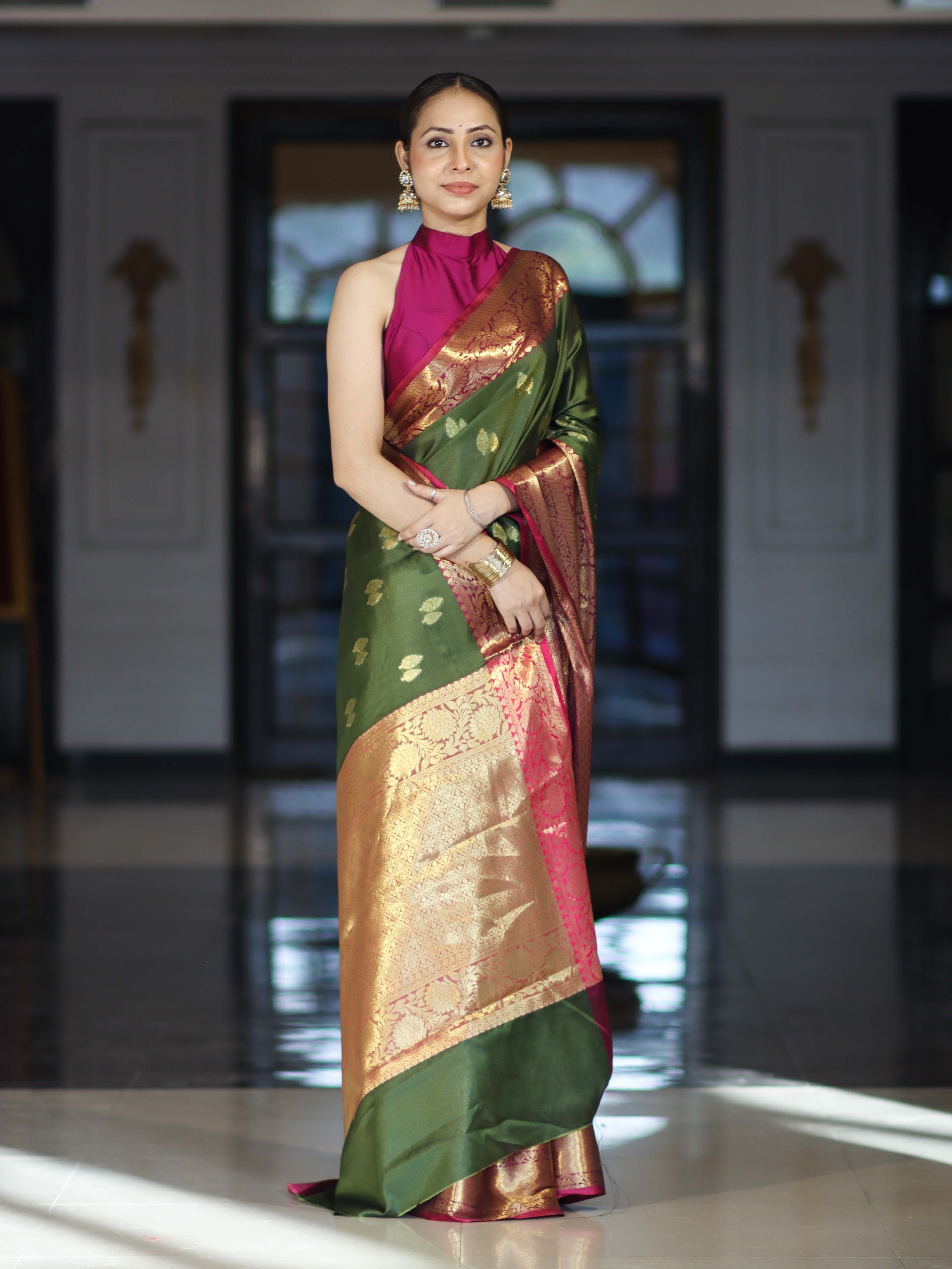 Banarasee Handloom Semi Silk Saree With Zari Buta Design & Contrast Broad Border-Green & Magenta