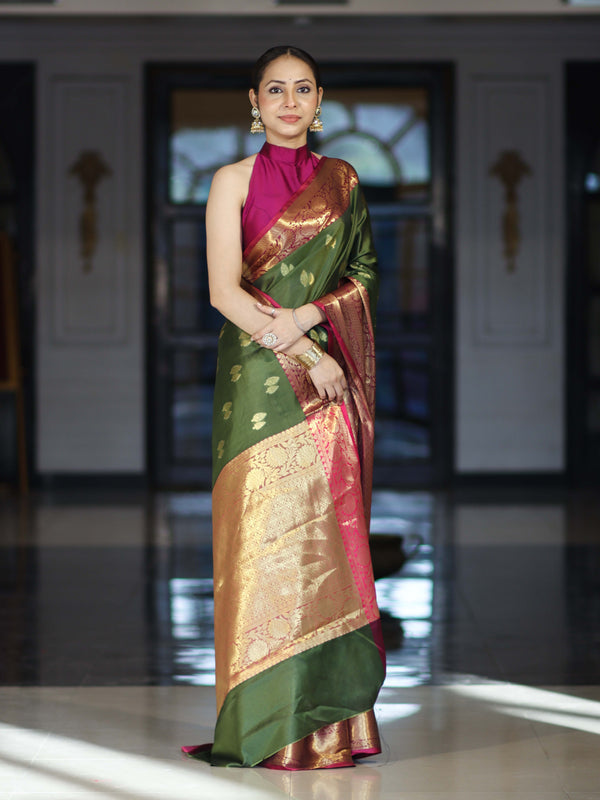 Banarasee Handloom Semi Silk Saree With Zari Buta Design & Contrast Broad Border-Green & Magenta