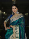 Banarasee Handloom Dual Tone Plain Tissue Saree With Zari Border & Lace-Green