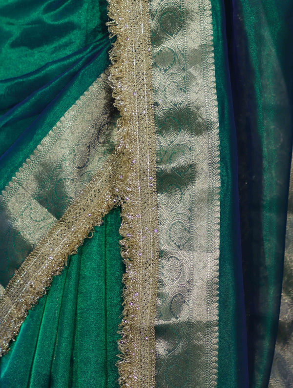 Banarasee Handloom Dual Tone Plain Tissue Saree With Zari Border & Lace-Green
