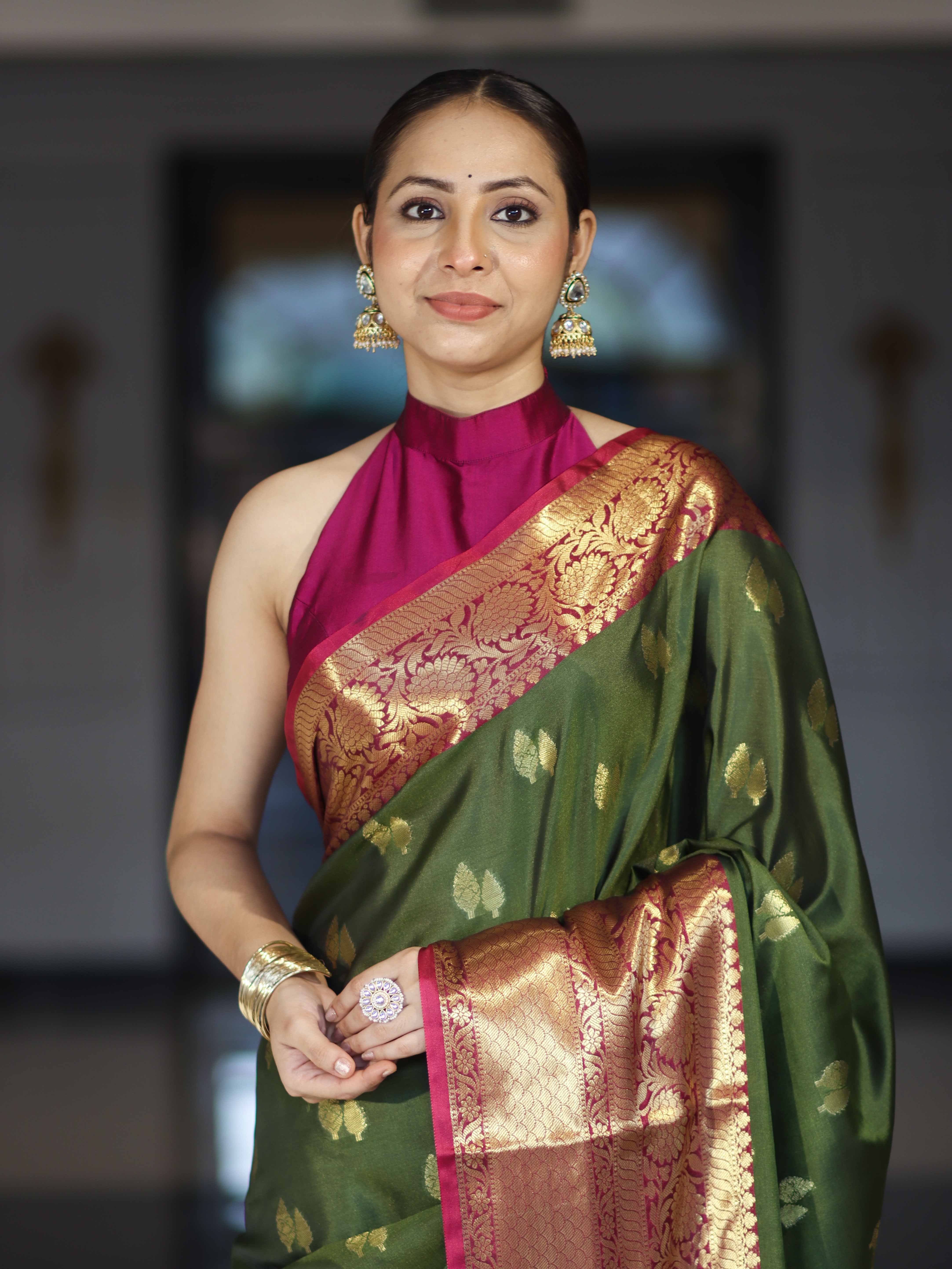 Banarasee Handloom Semi Silk Saree With Zari Buta Design & Contrast Broad Border-Green & Magenta