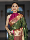 Banarasee Handloom Semi Silk Saree With Zari Buta Design & Contrast Broad Border-Green & Magenta